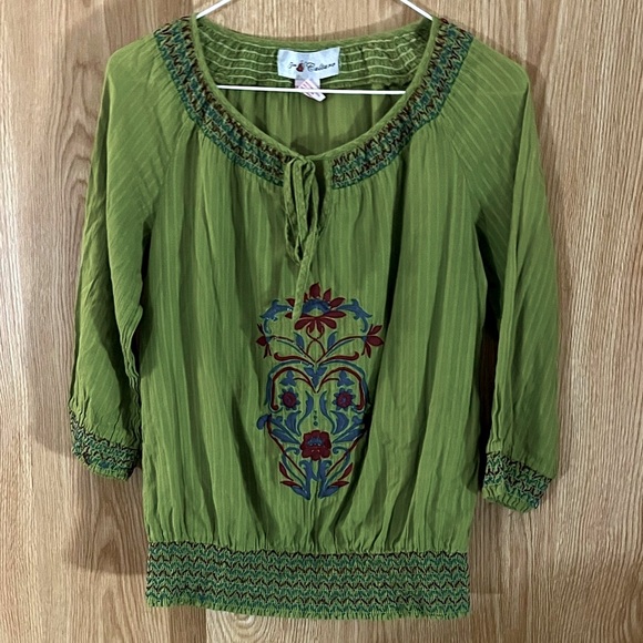 Avacado Green Floral Embroidered Tie Cotton Blouse Top - Picture 1 of 6